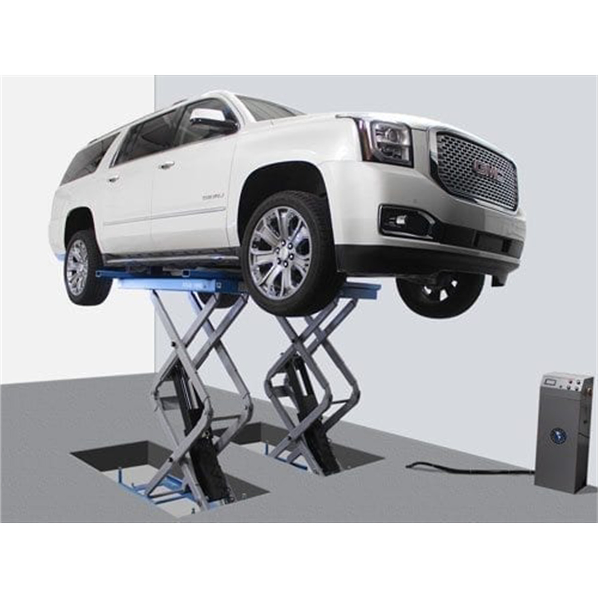 Atlas Automotive Equipment FM9SL In Ground Full-rise Commercial-grade Scissors Lift, Open Center Design, 9,000lbs., Adjustable Width, Air-Operated Single Point Lock Release, Extended Platforms